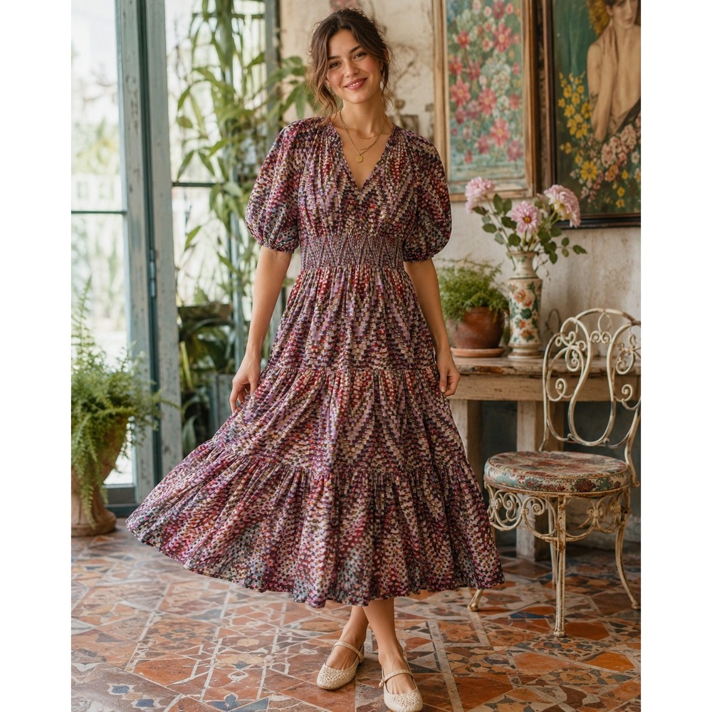 Anthropologie Conditions Apply Women's 2 Printed Puff Sleeve Cotton Midi Dress